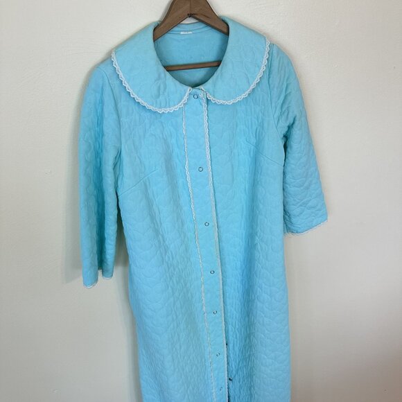Vtg 1960s Aqua Blue Quilted Full Button Robe Lace Trim Peter Pan Collar Small - Picture 2 of 9